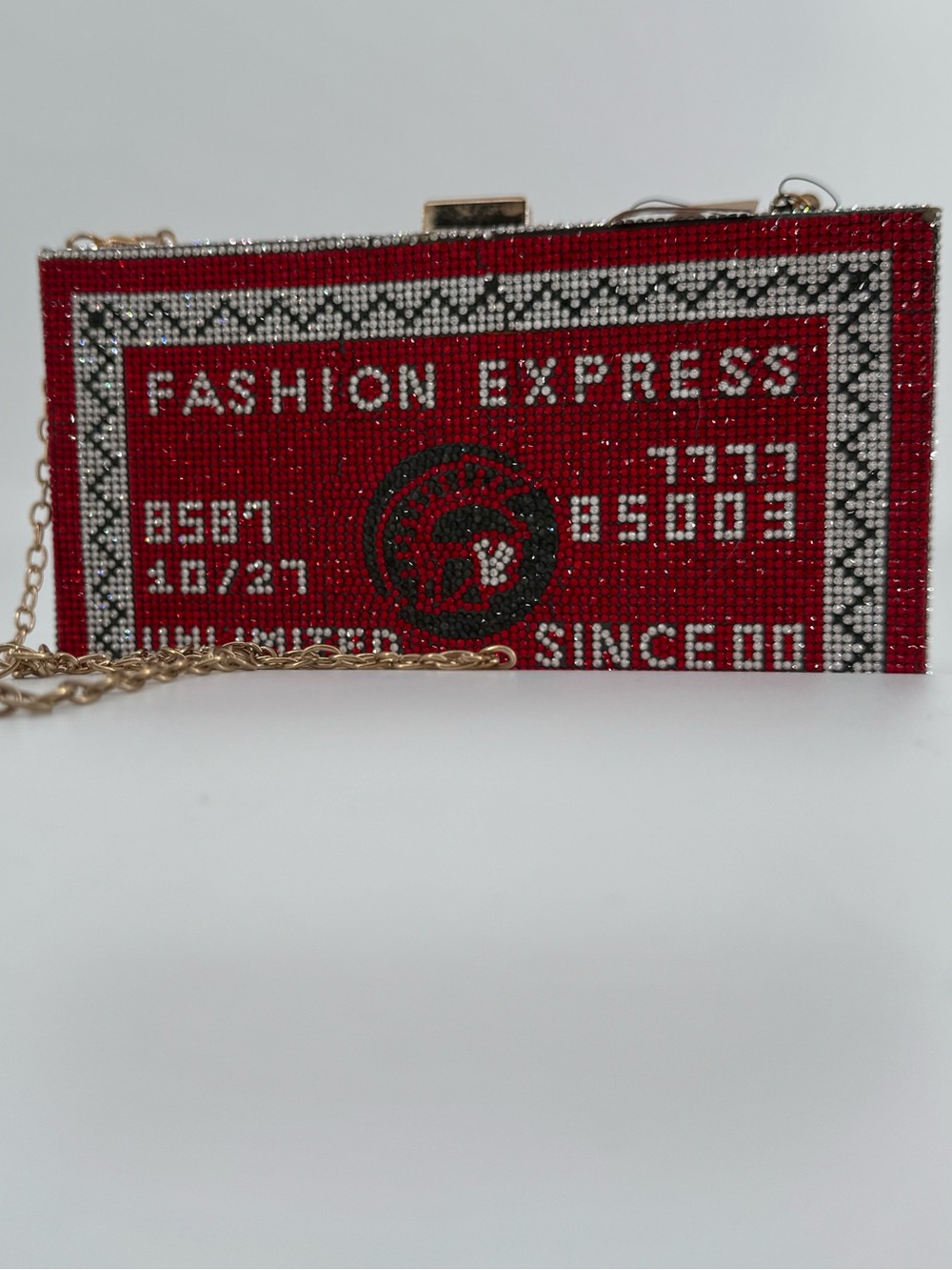 Fashion Express Red Crystal Evening Clutch with Gold Chain Strap